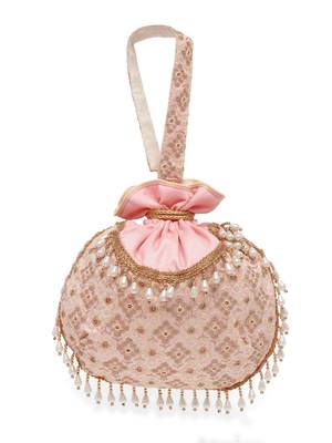 Droop Salmon Pink & Gold Honeycomb Embroidered Faux Silk Potli 4