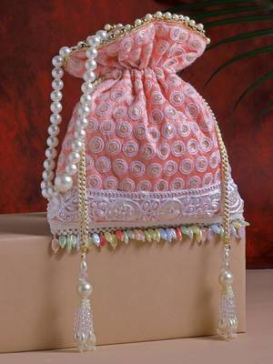 Droop Flamingo Pink & White Polka Embroidered Faux Silk Potli 1
