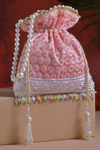 Droop Flamingo Pink & White Polka Embroidered Faux Silk Potli