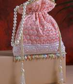 Droop Flamingo Pink & White Polka Embroidered Faux Silk Potli