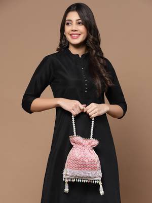 Droop Flamingo Pink & White Polka Embroidered Faux Silk Potli 2