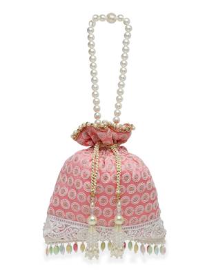 Droop Flamingo Pink & White Polka Embroidered Faux Silk Potli 3