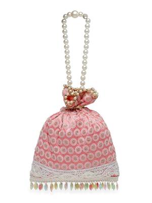 Droop Flamingo Pink & White Polka Embroidered Faux Silk Potli 4