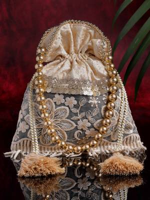 Droop Gold & Grey Floral Embroidered Faux Silk Potli 1