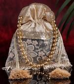 Droop Gold & Grey Floral Embroidered Faux Silk Potli