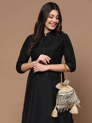 Droop Gold & Grey Floral Embroidered Faux Silk Potli 2