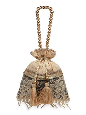 Droop Gold & Grey Floral Embroidered Faux Silk Potli 3