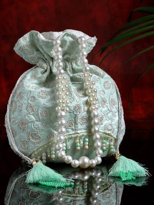 Droop Arctic Blue & White Floral Embroidered Faux Silk Potli 1