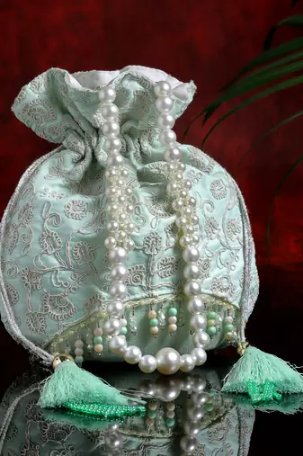 Droop Arctic Blue & White Floral Embroidered Faux Silk Potli
