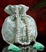 Droop Arctic Blue & White Floral Embroidered Faux Silk Potli