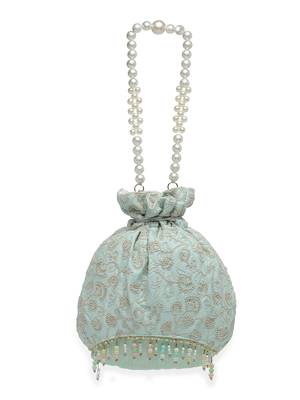 Droop Arctic Blue & White Floral Embroidered Faux Silk Potli 4