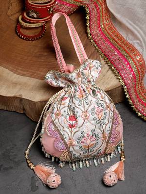 Anekaant Droop Salmon Pink & Multi Ogee Embroidered Faux Silk Potli 1