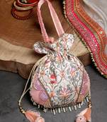 Anekaant Droop Salmon Pink & Multi Ogee Embroidered Faux Silk Potli