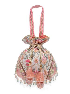 Anekaant Droop Salmon Pink & Multi Ogee Embroidered Faux Silk Potli 3