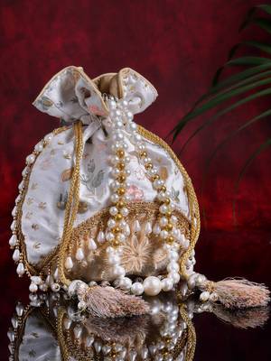 Droop White, Gold, Multi Floral Embroidered Faux Silk Potli 1
