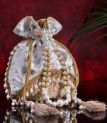 Droop White, Gold, Multi Floral Embroidered Faux Silk Potli