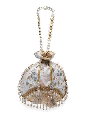 Droop White, Gold, Multi Floral Embroidered Faux Silk Potli 3