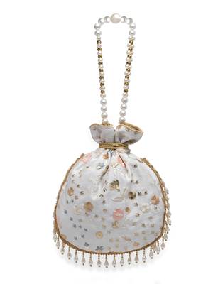 Droop White, Gold, Multi Floral Embroidered Faux Silk Potli 4