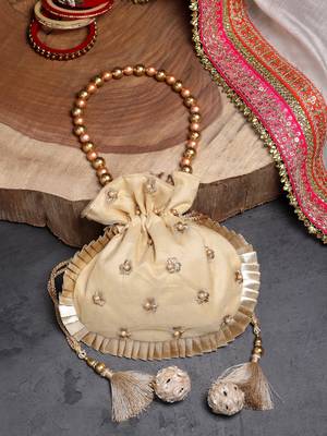 Droop Metallic Gold Polka Embroidered Faux Silk Potli 1