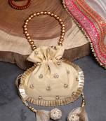 Droop Metallic Gold Polka Embroidered Faux Silk Potli