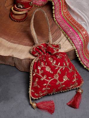 Droop Red & Gold Floral Embroidered Faux Silk Potli 1