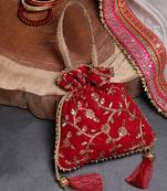 Droop Red & Gold Floral Embroidered Faux Silk Potli