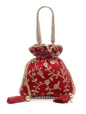 Droop Red & Gold Floral Embroidered Faux Silk Potli 3