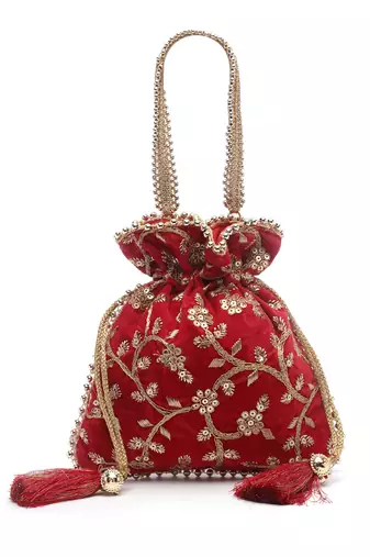 Droop Red & Gold Floral Embroidered Faux Silk Potli