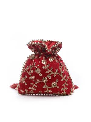 Droop Red & Gold Floral Embroidered Faux Silk Potli 4