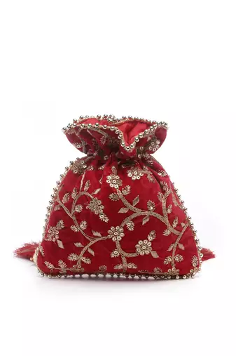 Droop Red & Gold Floral Embroidered Faux Silk Potli