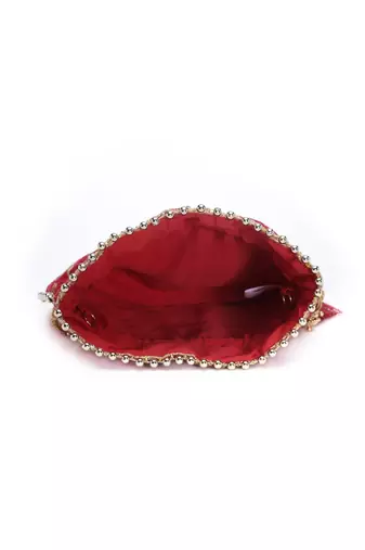 Droop Red & Gold Floral Embroidered Faux Silk Potli