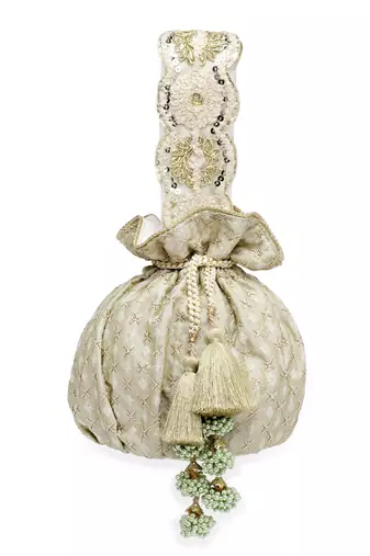 Droop Pistachio Green & Gold Ditsy Embroidered Faux Silk Potli