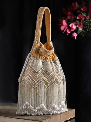 Droop Camel, Silver & Pearl Chevron Embellished Velvet Potli 1