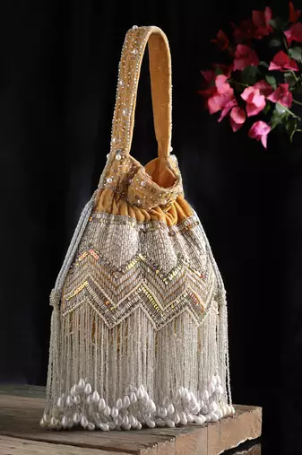Droop Camel, Silver & Pearl Chevron Embellished Velvet Potli