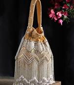 Droop Camel, Silver & Pearl Chevron Embellished Velvet Potli
