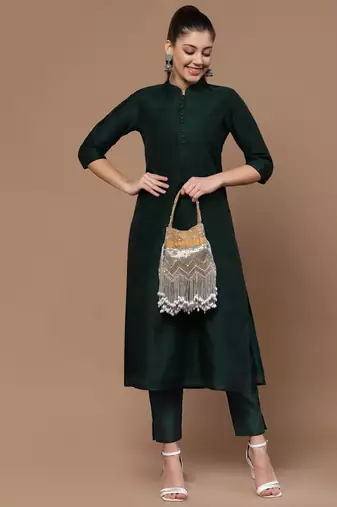 Droop Camel, Silver & Pearl Chevron Embellished Velvet Potli