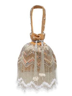 Droop Camel, Silver & Pearl Chevron Embellished Velvet Potli 3