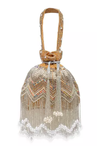 Droop Camel, Silver & Pearl Chevron Embellished Velvet Potli