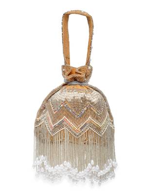 Droop Camel, Silver & Pearl Chevron Embellished Velvet Potli 4
