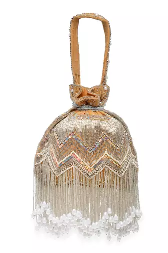 Droop Camel, Silver & Pearl Chevron Embellished Velvet Potli