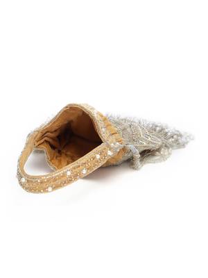 Droop Camel, Silver & Pearl Chevron Embellished Velvet Potli 5