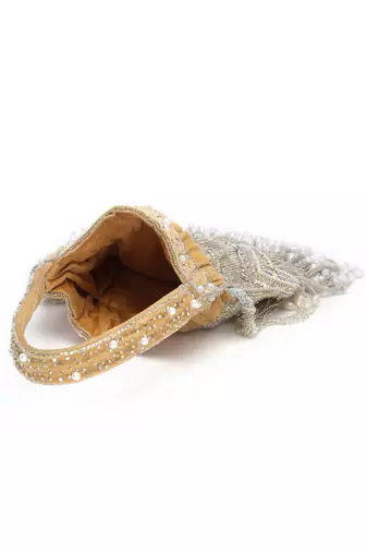 Droop Camel, Silver & Pearl Chevron Embellished Velvet Potli