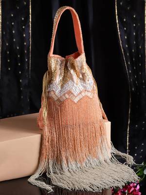 Droop Coral & Multi Chevron Embellished Faux Silk Potli 1