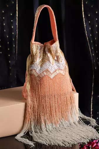 Droop Coral & Multi Chevron Embellished Faux Silk Potli