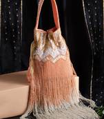 Droop Coral & Multi Chevron Embellished Faux Silk Potli