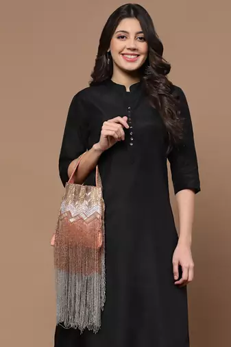 Droop Coral & Multi Chevron Embellished Faux Silk Potli