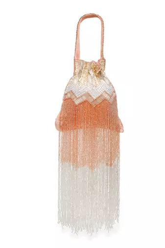Droop Coral & Multi Chevron Embellished Faux Silk Potli