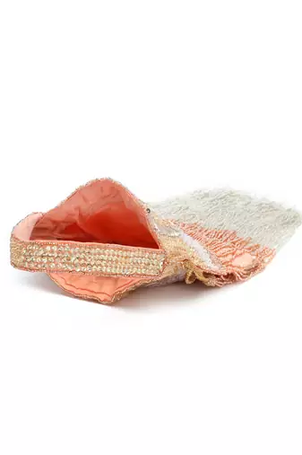 Droop Coral & Multi Chevron Embellished Faux Silk Potli