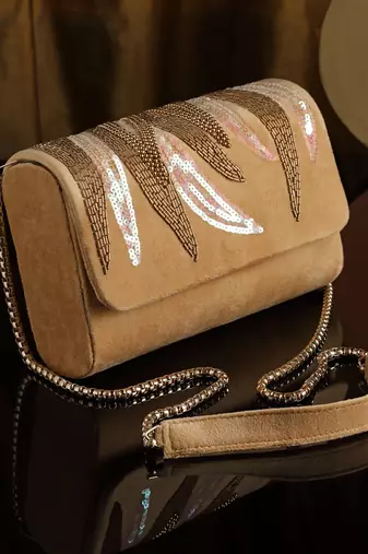 Coffer Camel & Gold Abstract Embellished Suede Clutch