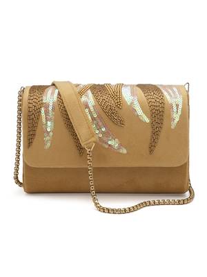 Coffer Camel & Gold Abstract Embellished Suede Clutch 3